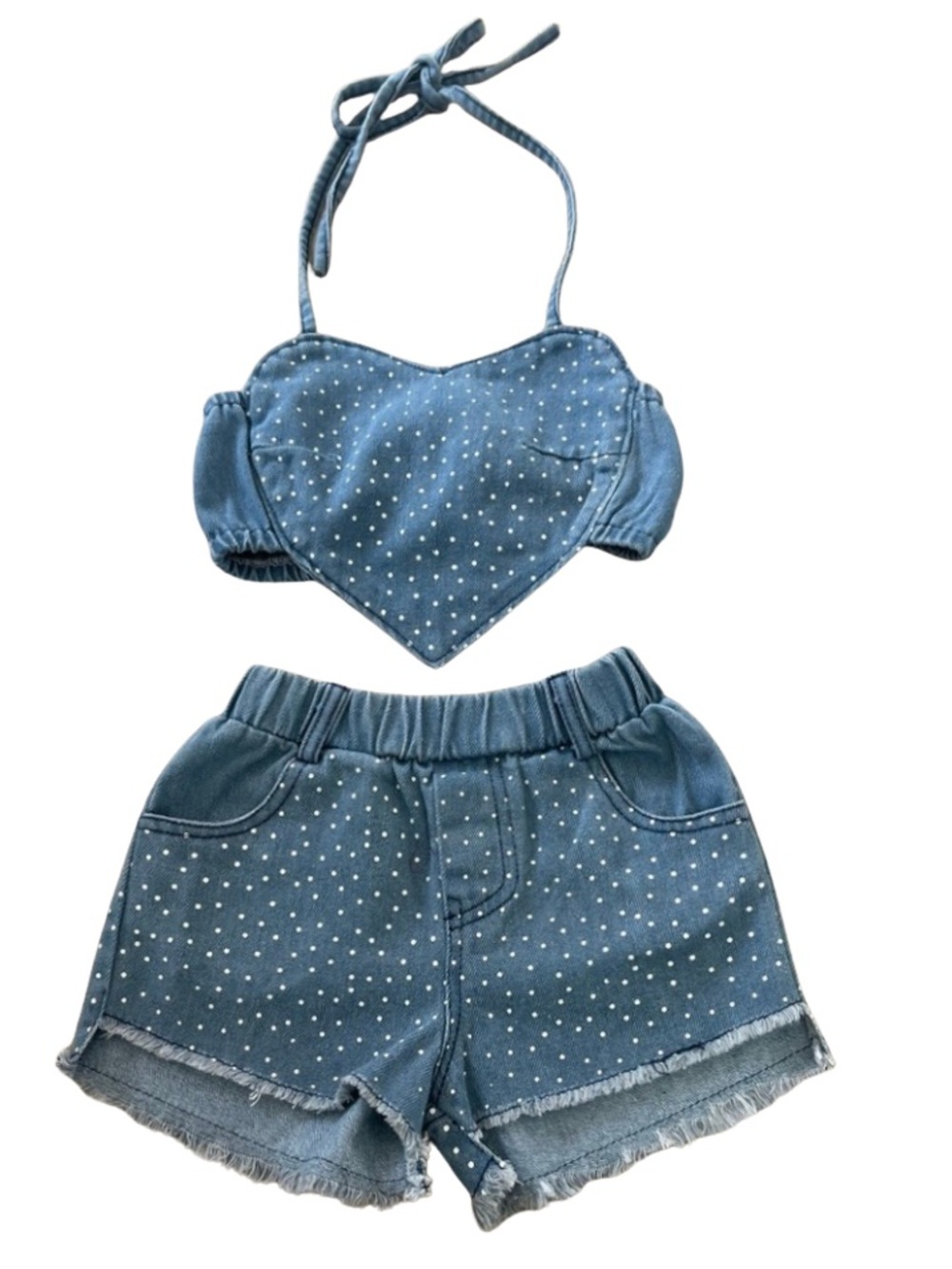 Girls 2Pc Heart Hanging Neck Strap Denim Camisole & Jean Shorts size 90 (2T)